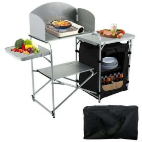 Camping Kitchen Station, Aluminum Portable Folding Camp Cook Table with Windshield