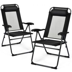 2 Pieces Patio Adjustable Folding Recliner Chairs with 7 Level Adjustable Backrest (Color: Black)