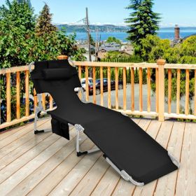 Folding Beach Lounge Chair with Pillow for Outdoor (Color: Black)