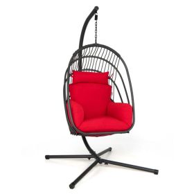 Hanging Folding Egg Chair with Stand Soft Cushion Pillow Swing Hammock (Color: Red)